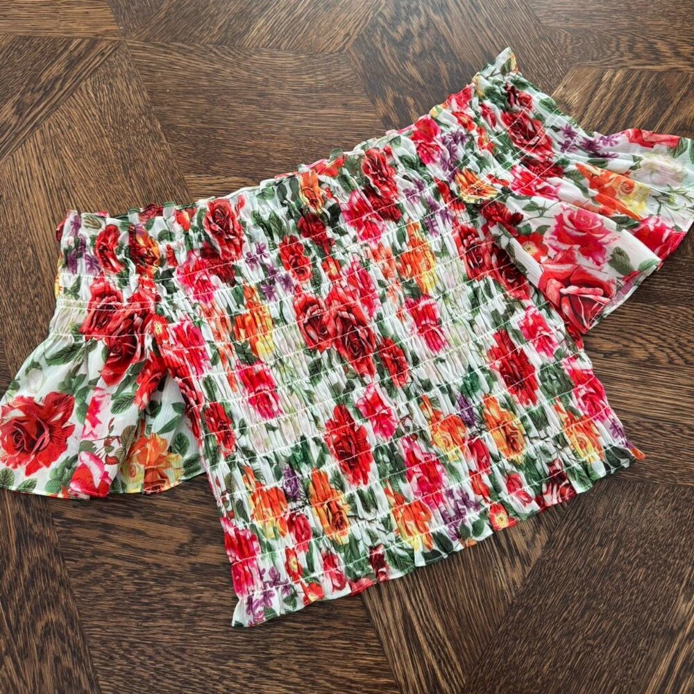 L’AGENCE Bexley Off the Shoulder Floral Top‎ Cropped Smocked Bright NWOT Size S